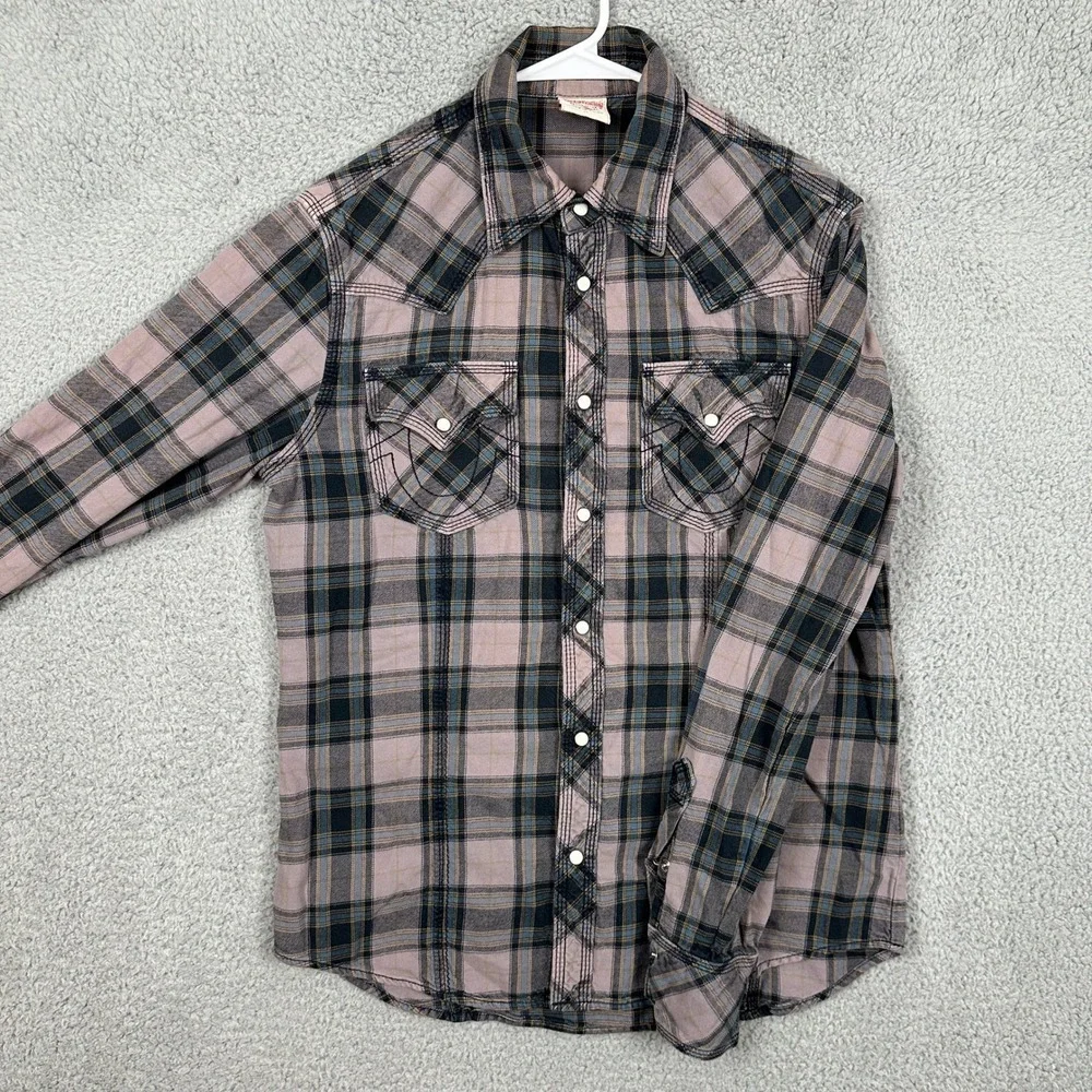True Religion Shirt Western Mens Medium Pink Blue Pearl Snap Button Flap Pocket